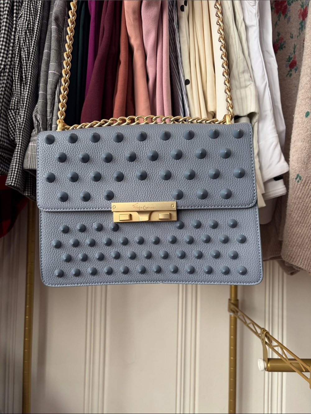 Foley + Corinna Studded Leather Shoulder Bag in Dusty Blue with Gold Chain